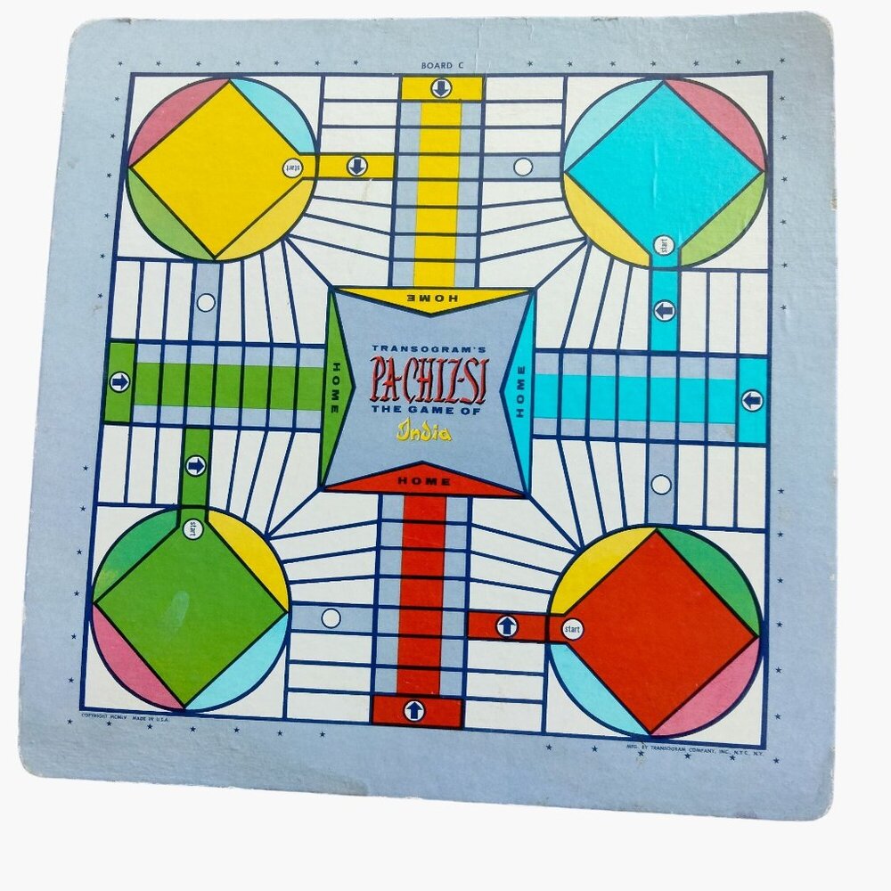 Transogram Pa Chiz Si Game of India Board Card 2 sided Pachisi Vintage 1955